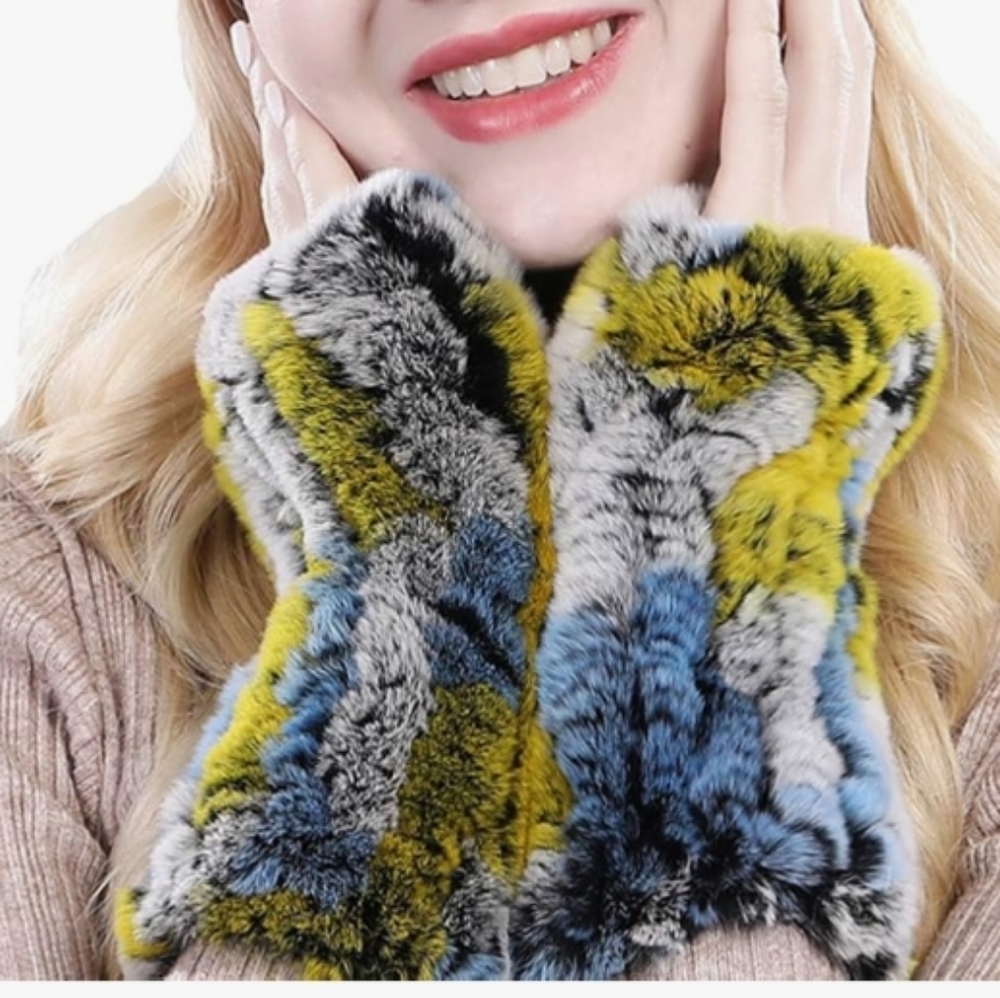 NWT Real Rabbit Fur Gloves Mittens Knit Warm Fingerless, Multicolor